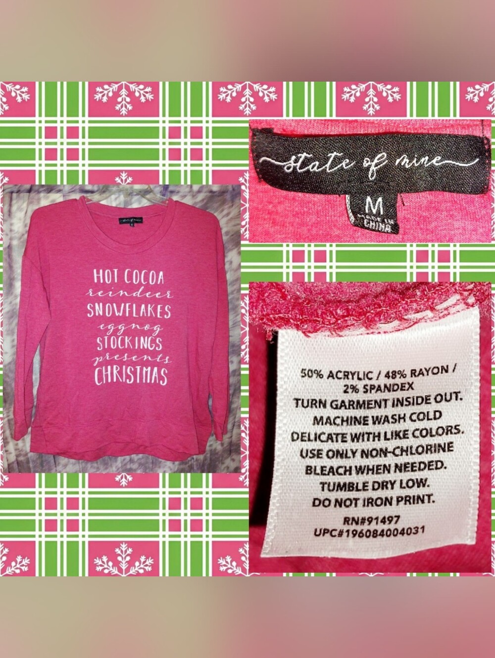 State of Mine Dk Rosy Pink & White Christmas Objects Themed Knit Sweatshirt Sz M